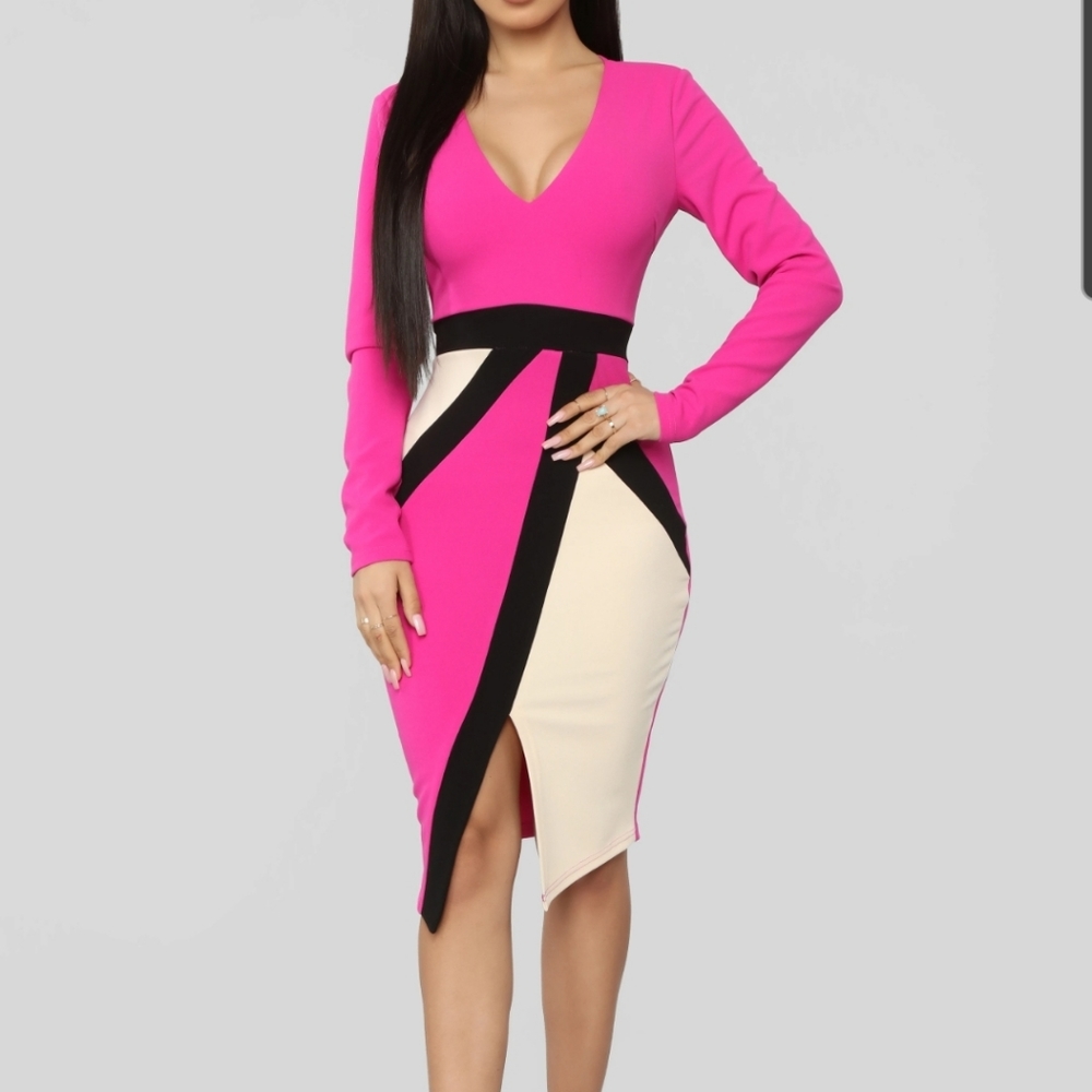 XS Fashionnova Colorblock Long Sleeve Midi Dress